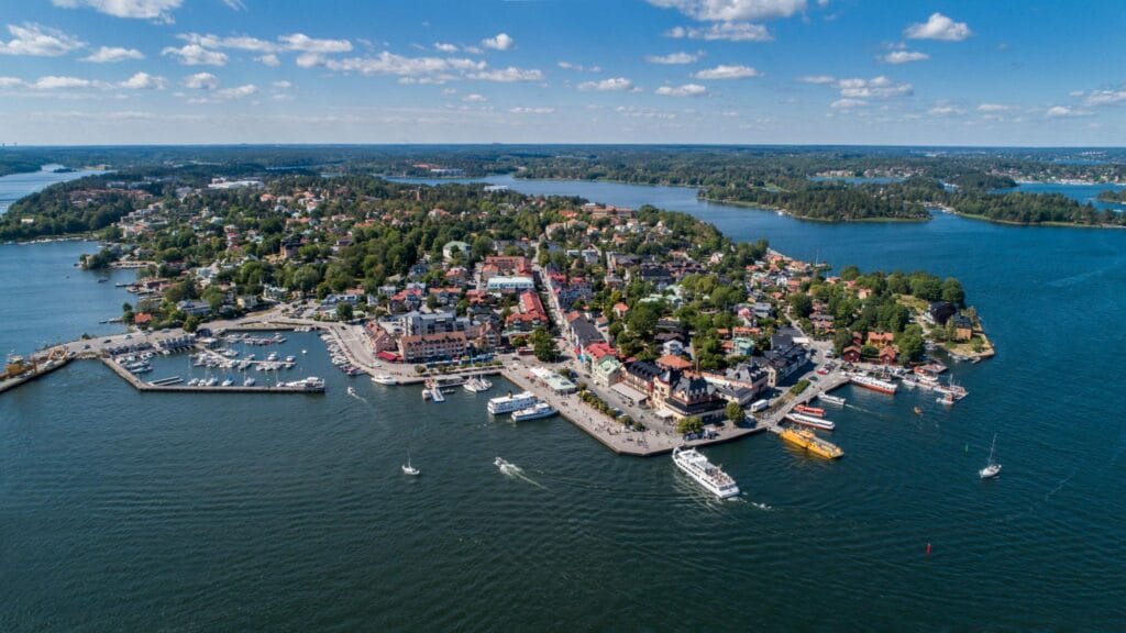 Stockholm Archipelago village near Vaxholm with waterfront houses