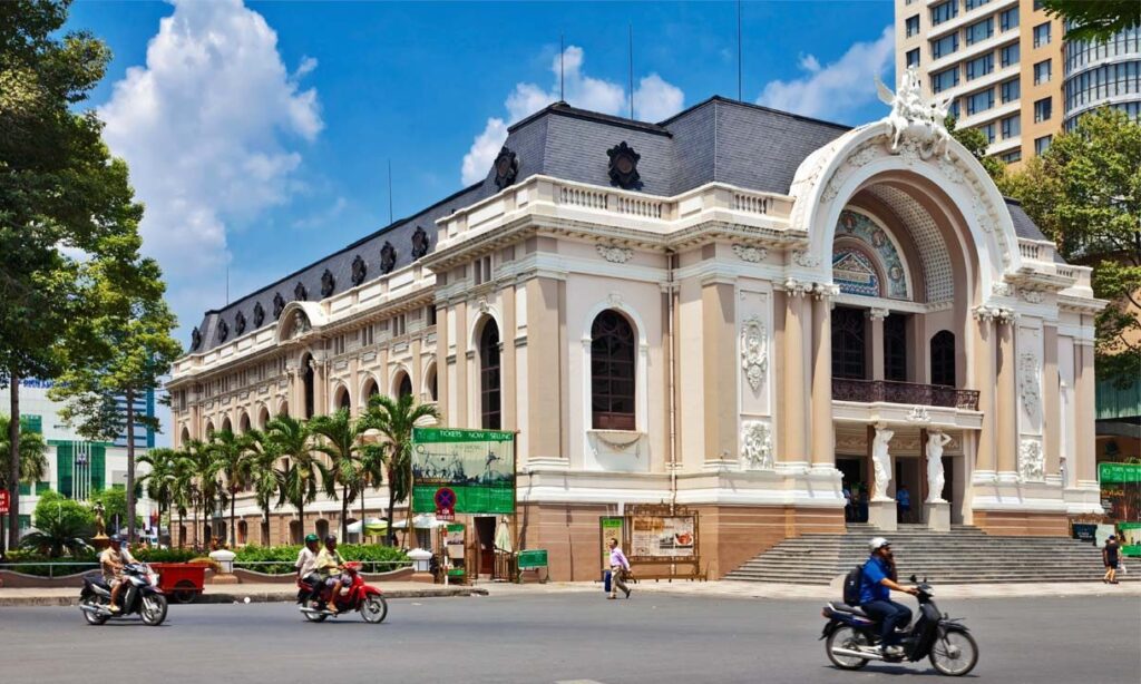 Saigon Opera House illuminated at night in District 1