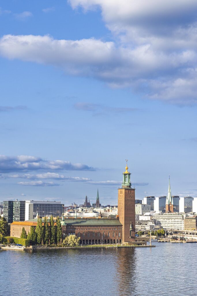 Stockholm City Hall building and tower on the waterfront in Stockholm Sweden
