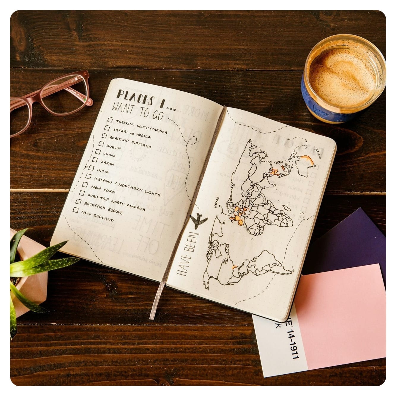 travel itinerary planning with notebook and map