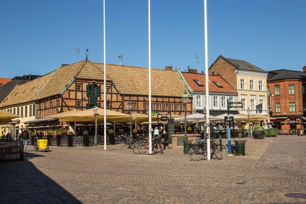 Lilla Torg in Malmö old town with cobblestones cafés and historic buildings