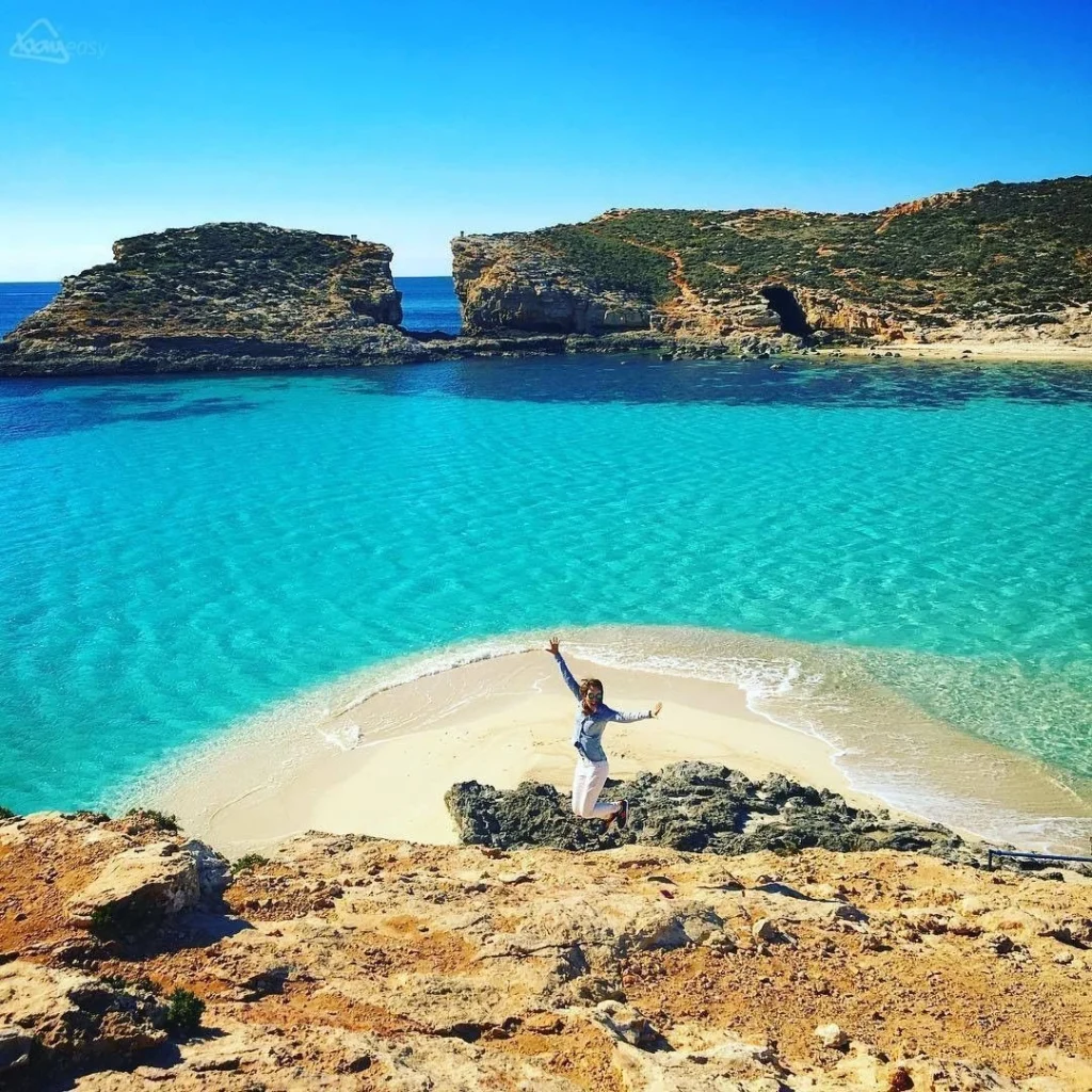 The Blue Lagoon on Comino is one of Malta’s most famous swimming spots, known for its bright turquoise water.