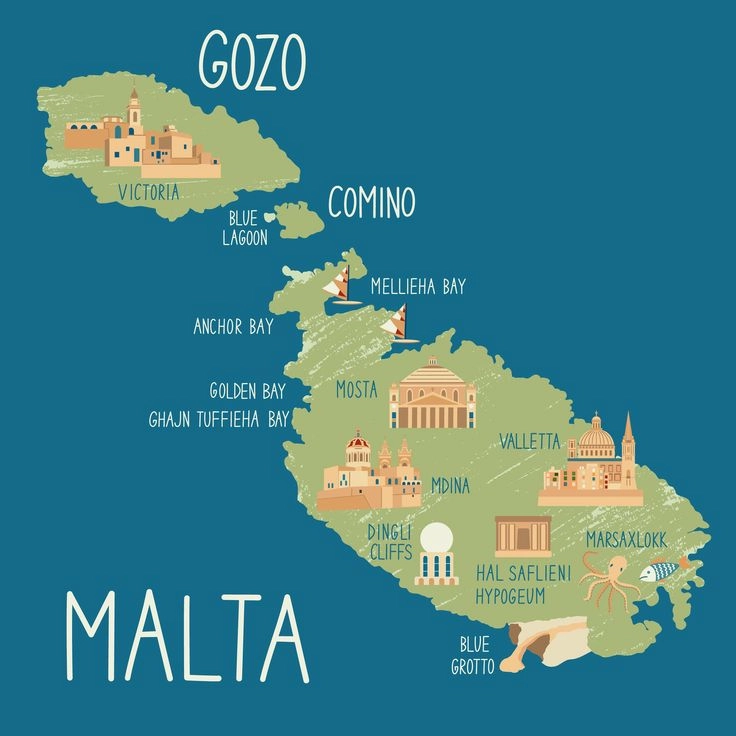 Map of Malta showing key travel areas for first-time visitors including Valletta Gozo and Comino