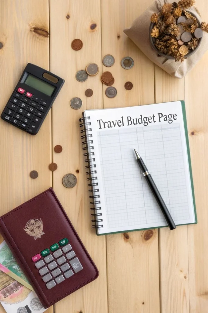Budget travel guide planning with notebook, map, and phone