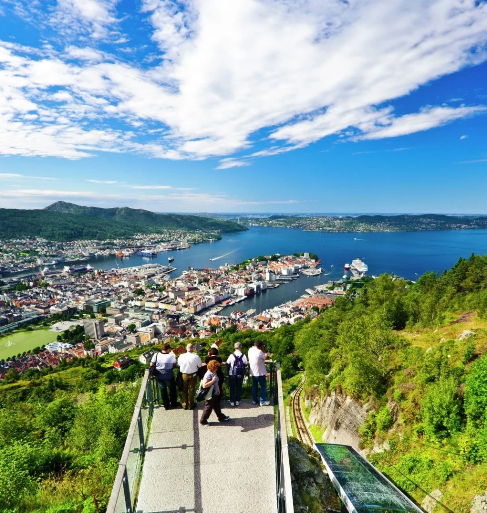 Panoramic view of Bergen and its harbour from Mount Fløyen