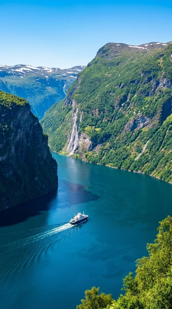 Scenic cruise through Nærøyfjord, a UNESCO World Heritage fjord, surrounded by towering cliffs and waterfalls near Bergen, Norway.
