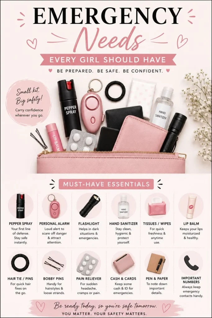 Travel safety tips health kit with medicine, sanitizer, and documents