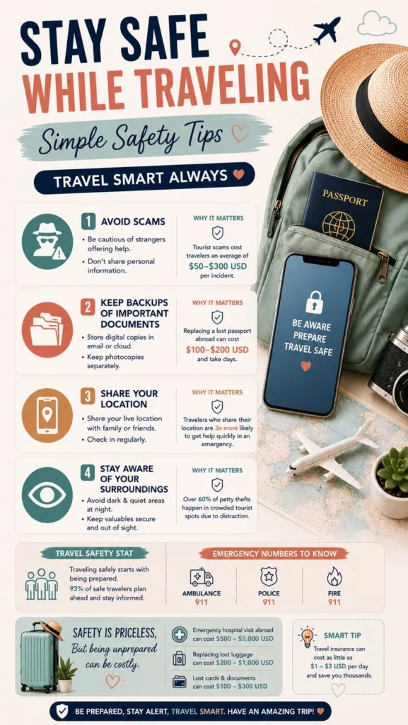 Travel safety tips checklist with passport, documents, and phone