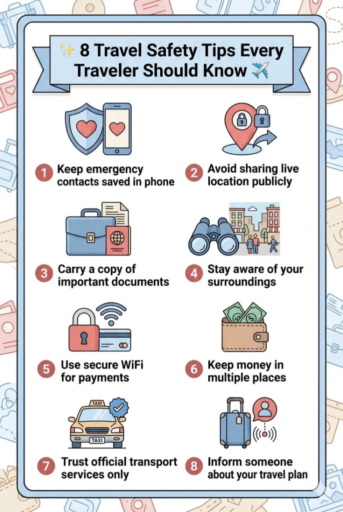 Travel safety tips for first-time travelers with passport, map, and phone