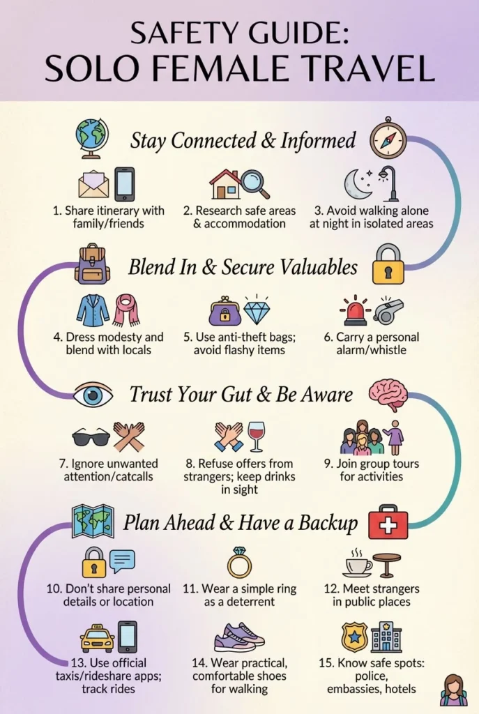 Travel safety tips for women walking confidently in a city