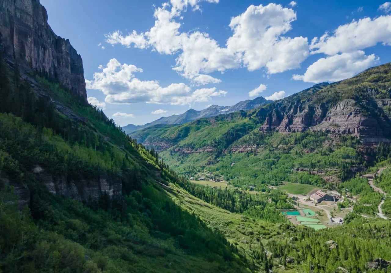 Telluride, Colorado town in a box canyon with the San Juan Mountains in summer