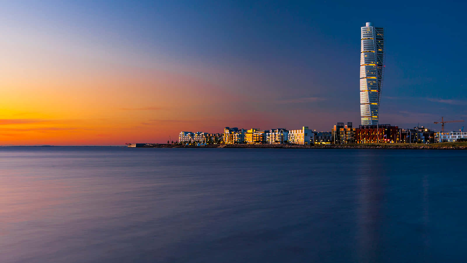 Turning Torso skyscraper at sunset in Malmö, Sweden