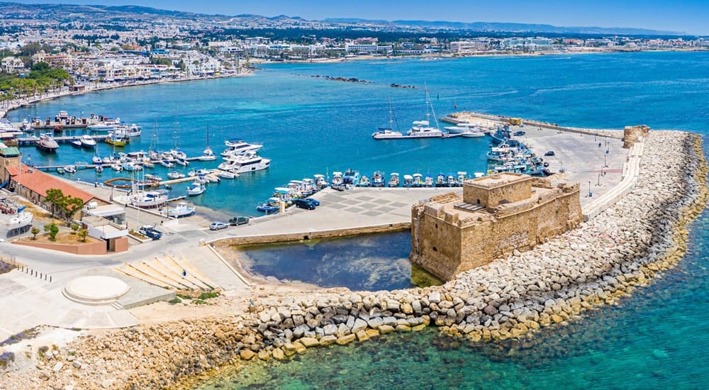 Paphos harbor and historic coastline in Cyprus