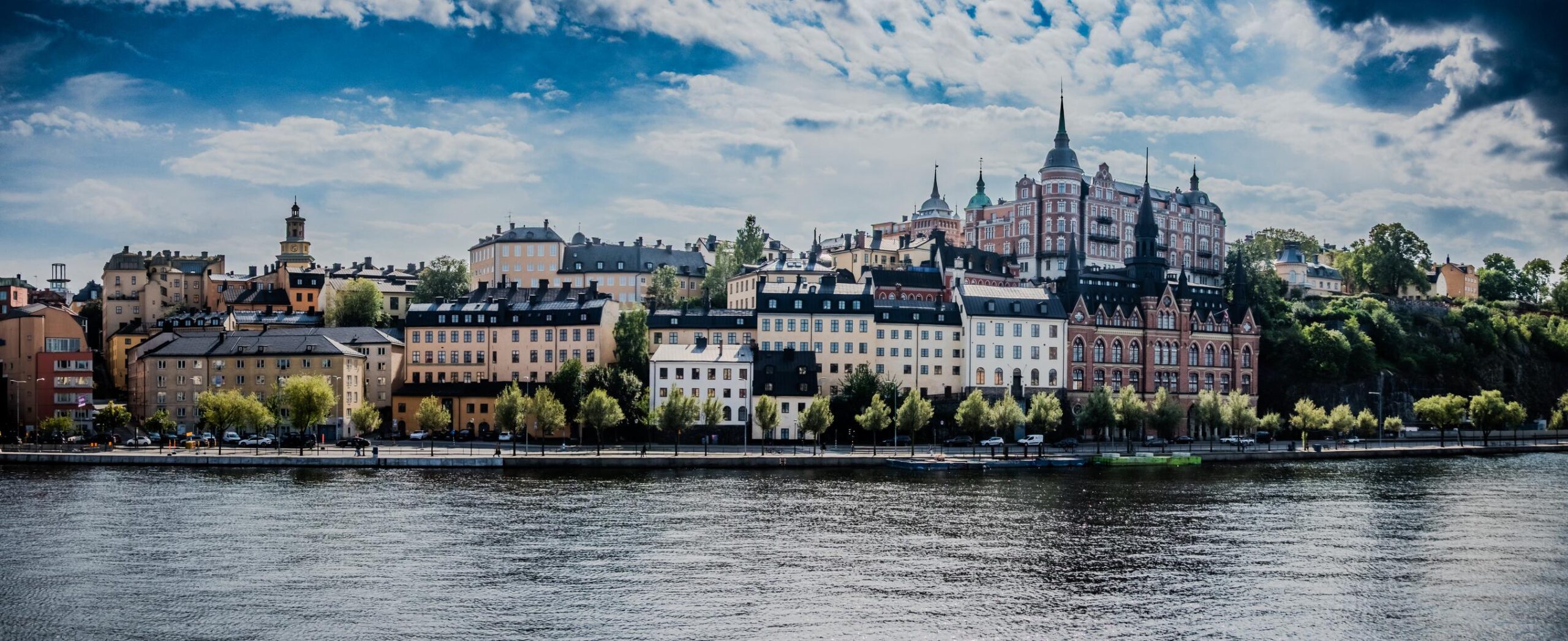 Stockholm skyline with colorful buildings and waterfront islands in Sweden