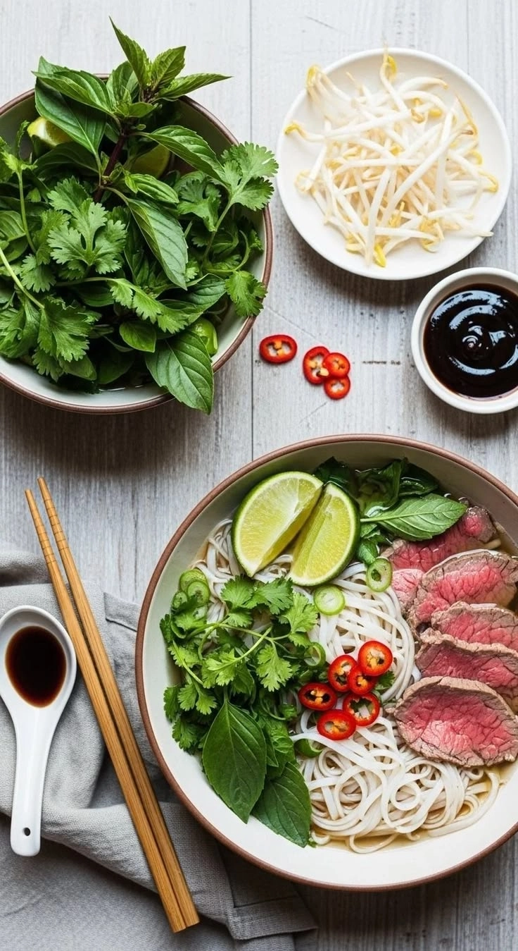 Bowl of Vietnamese pho with beef, rice noodles, herbs, and broth