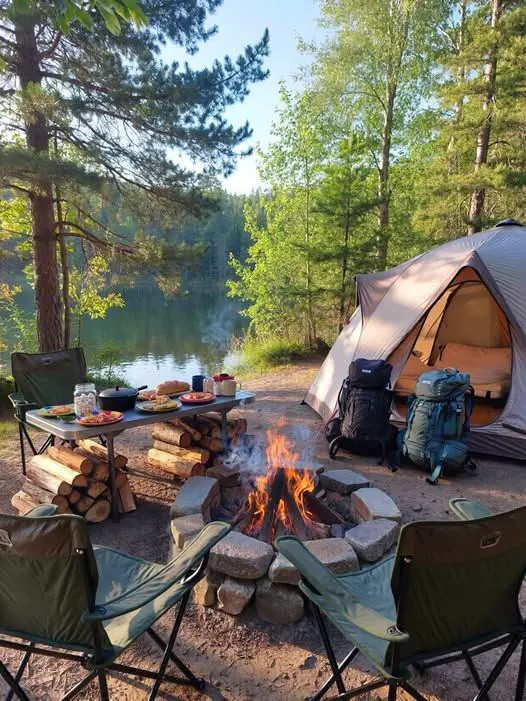 Tent beside a quiet lake during camping in Sweden in summer