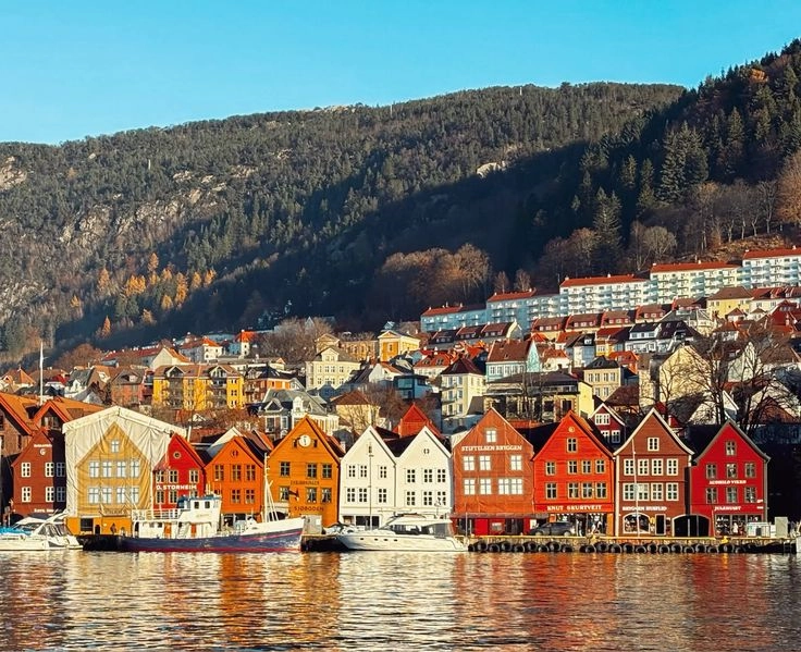 Colourful Bryggen buildings beside the harbour in Bergen Norway